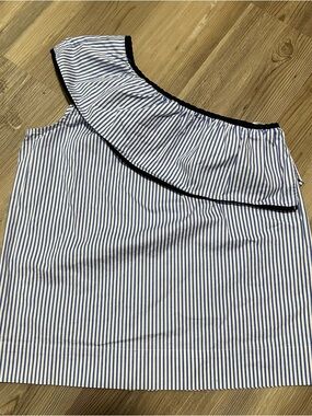 J. Crew Blue and White One-Shoulder Ruffle Top with Navy Trim